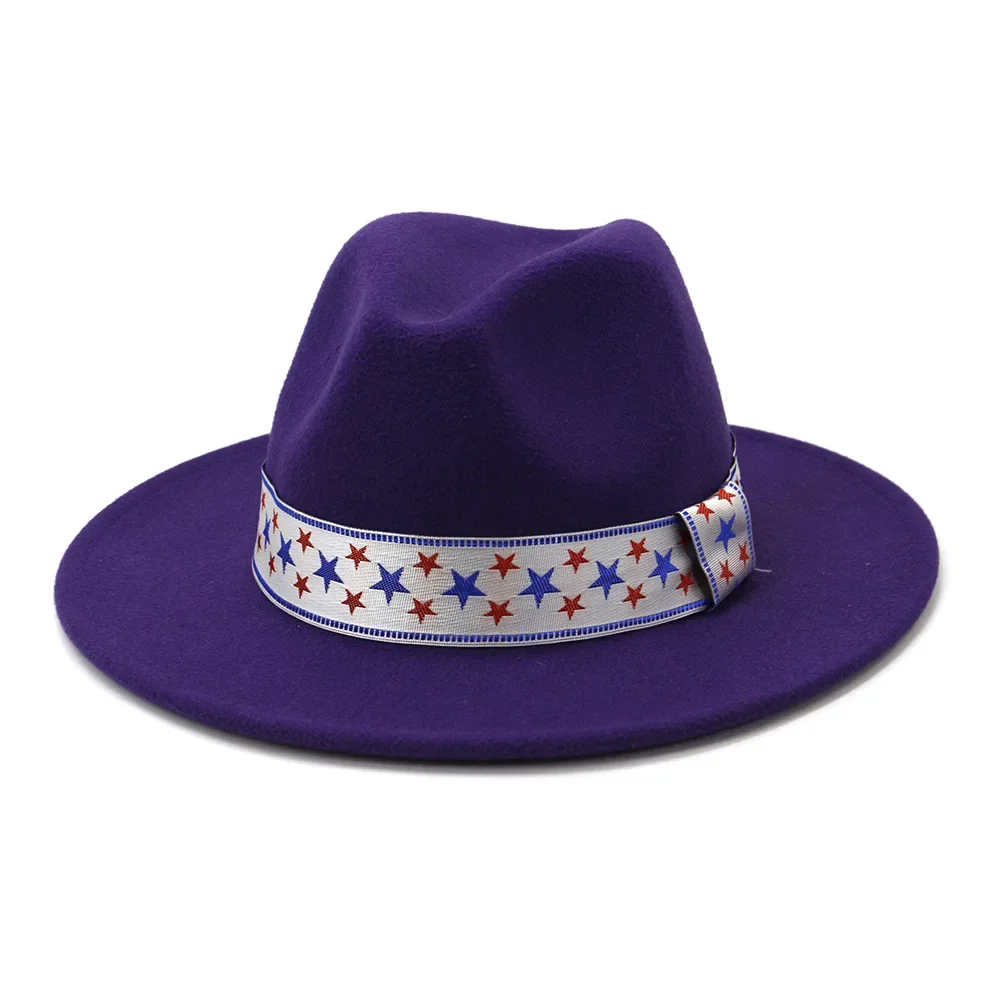 

Purple Wool Star Print Vintage Hats for Women Men Women Fedora Wide Brim Hat British Style Sombrero Yellow Felt Jazz Cap Gray