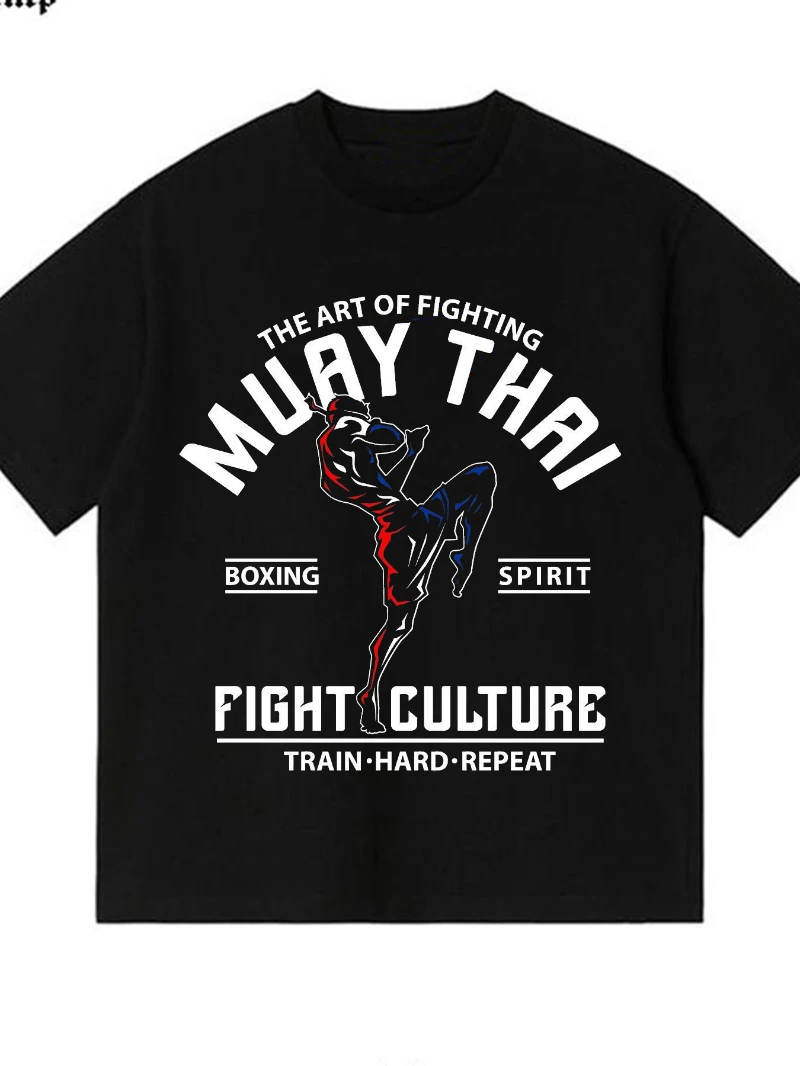 Men's Blend Regular Fit Crew Neck T-Shirt Muay Thai Kickboxing Fighter Silhouette and Inspirational Fighting Culture Slogan Text