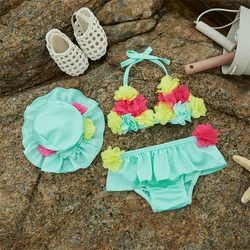 Tregren Infant Baby Girls Beach Bikinis Flower Decor Tops Ruffles Shorts with Sun Hat Swimsuit Set Summer Swimwear Bathing Suits