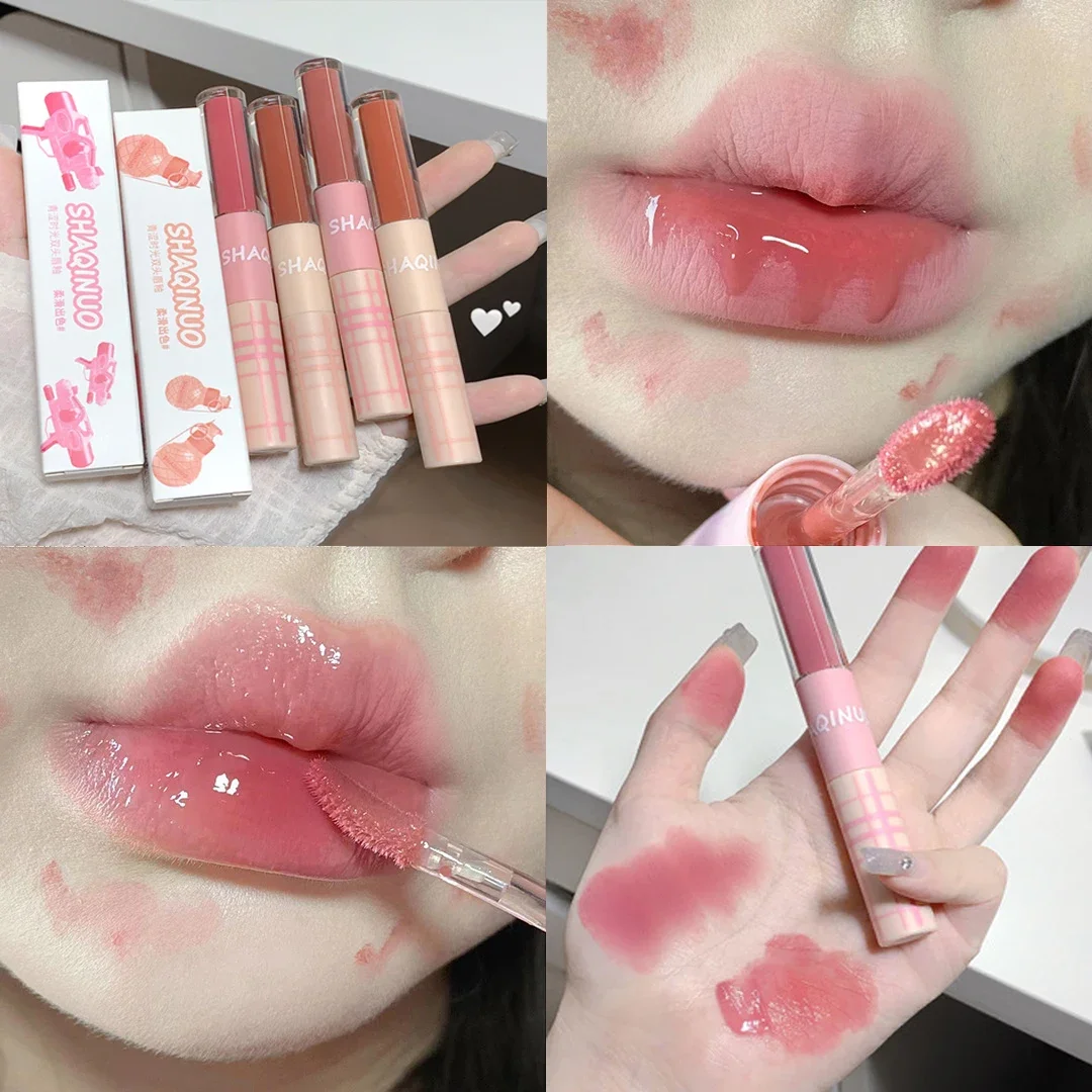 4 Color Double Head Mirror Water Lip Glaze Moisturizing Sexy Red Lip Tint Lipstick Makeup Lasting Non-stick Cup Lipgloss Lip Mud