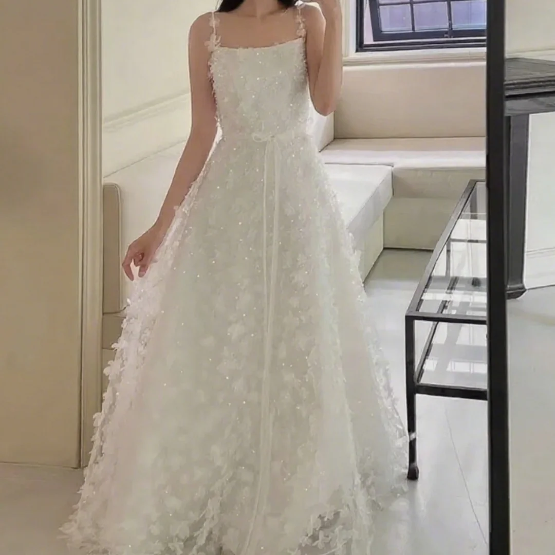 

New Elegant A line Flowers Applique Evening Dresses Princess Spaghetti Strap Wedding Birthday Prom Gowns Customized