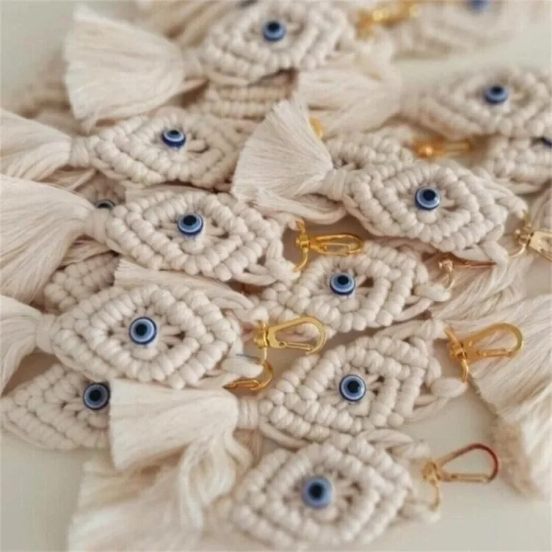 3Pcs Hand-woven White Cotton Thread Blue Eye Keychain Bag Pendant Car Trailer Inside Party Anniversary Decorations