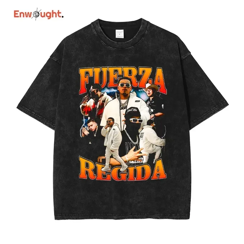 Force Regida Vintage Washed T Shirt Hip Hop Rapper Singer Tops Tees Short Sleeve Oversized Old School T-Shirt Men 100% Cotton