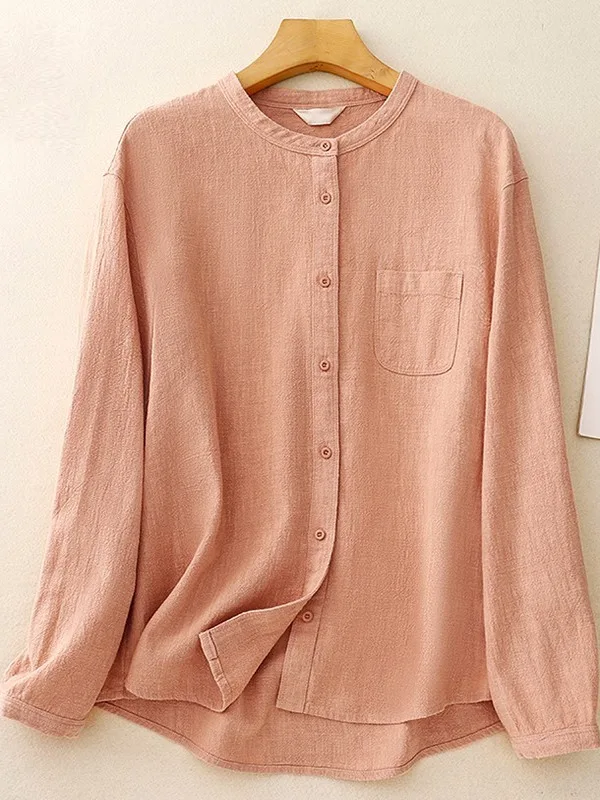 

Artistic Clean Color Simple Cotton Linen Loose Casual Long Sleeve Stand Collar Women's Shirt Large Size Single Pocket Open Ca...