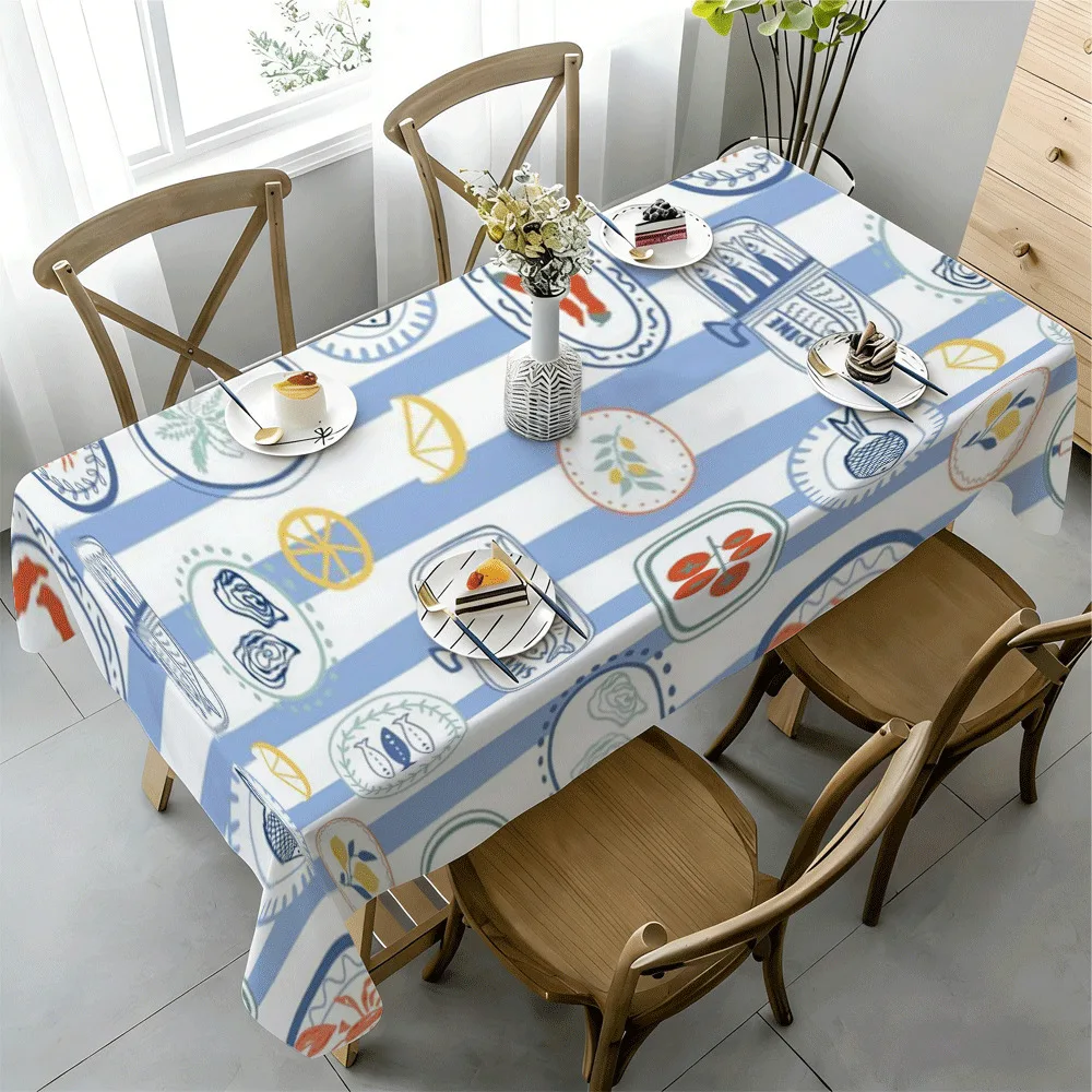 Seafood-pattern blue and white striped easy-to-clean polyester fabric
