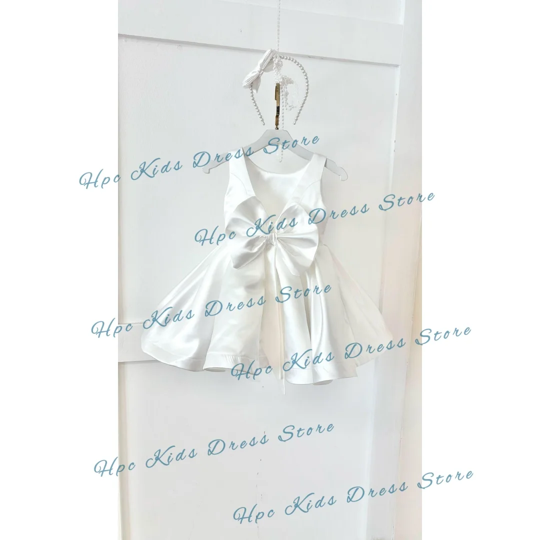 Custom White Satin Flower Girl Dress for First Communion, Sleeveless Short  BridesmaidGown with Bow Headband, Party Attire for G