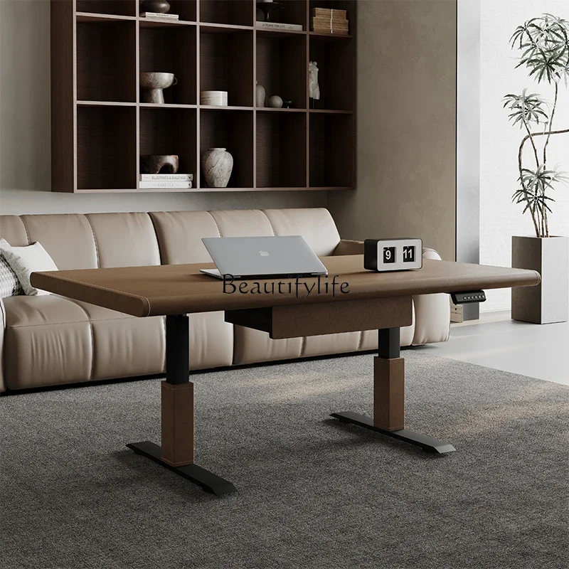 

04Saddle leather electric lifting coffee table dining table desk multi-functional retro style small apartment