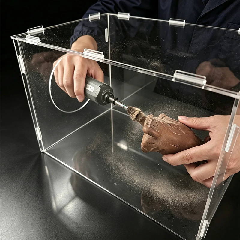 Acrylic Transparent Polishing Dust Cover, Dust-Proof Box for Electric Grinding and Carving Work, Anti-Splash Protective Cover for Wood Carving and Crafts, Detachable Storage Dust Box, Transparent Acrylic Polishing Dust Box, Protective Cover for Electric Grinder and Angle Grinder, Dust-Proof Cover for Crafts, Wood Carving, and Jade Carving, Dust-Proof Cover with Operation Hole