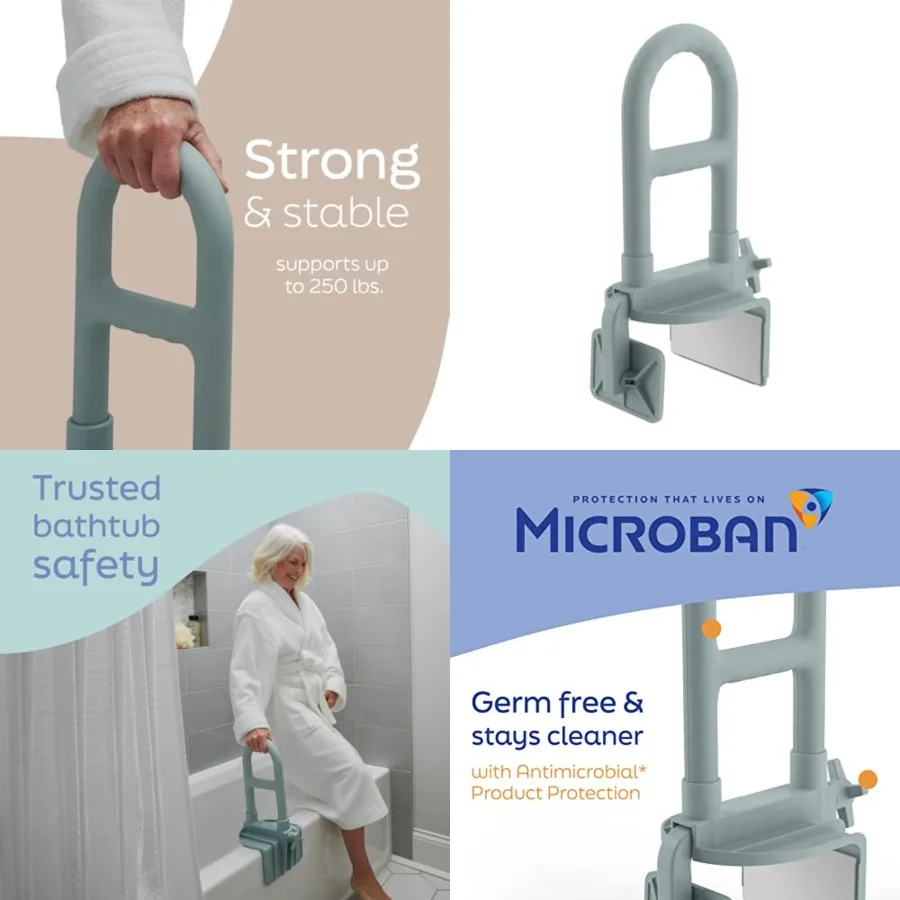 

Medline Bathtub Grab Bar w/ Microban Bathroom Wall Support Handle, Non-Slip Shower Bar, for Elderly, Seniors and Handicapped 25