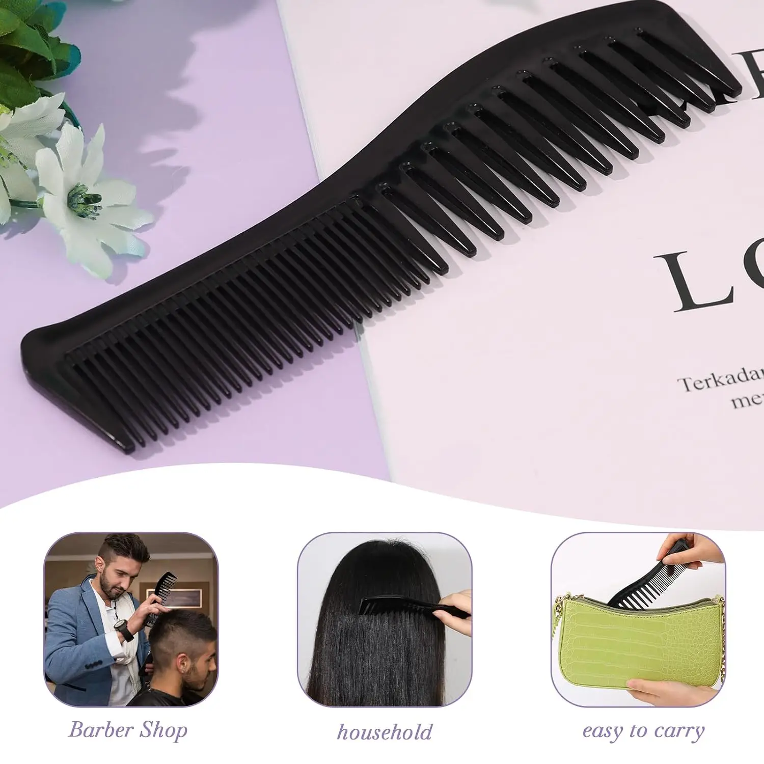 2 Pack Double-Sided Barber Combs, 7.2 inch Plastic for Men & Women - Wide & Fine Tooth for Professional Hairstyling (Black)