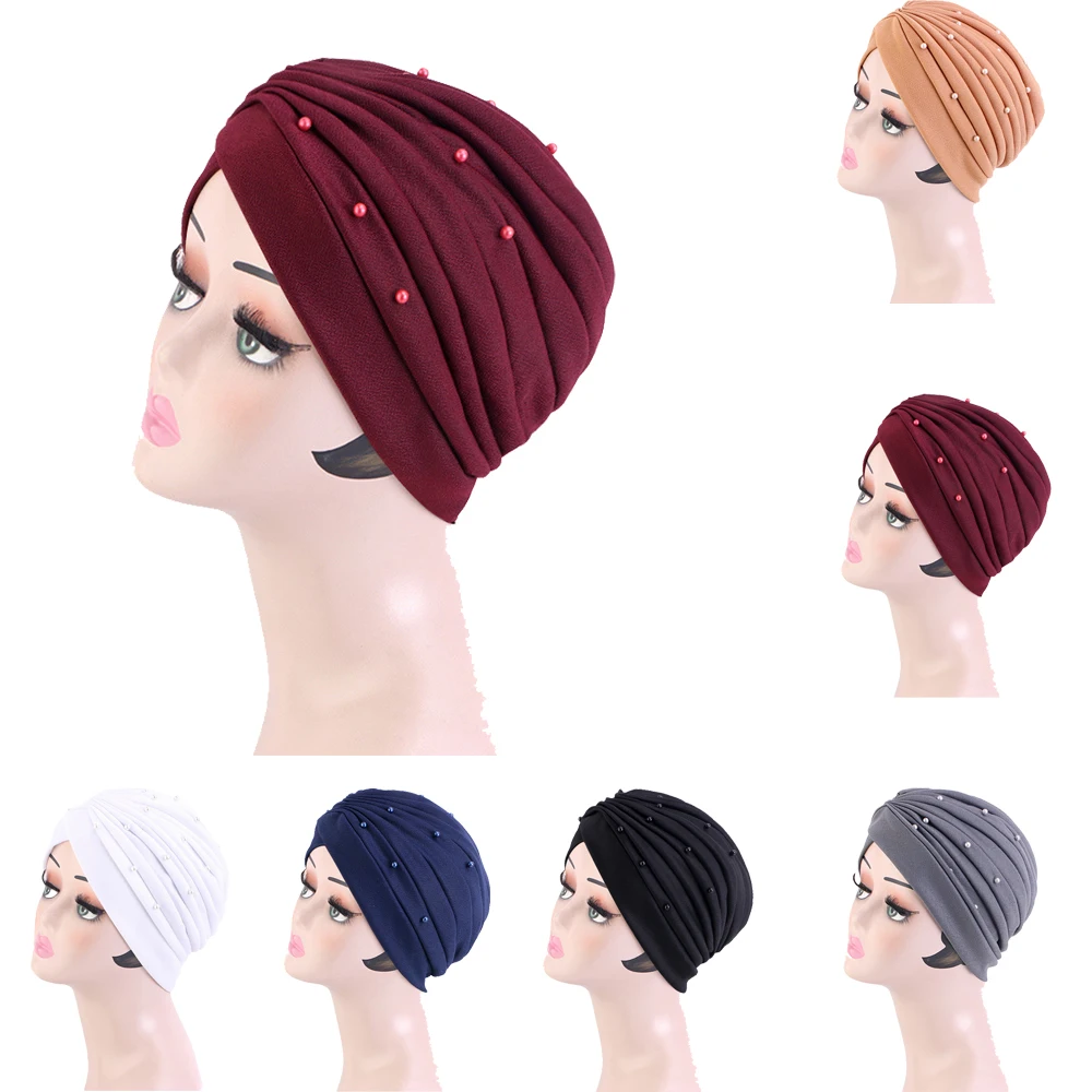 

New Women Muslim Turban Hat Ruffle Beaded Hijab Headscarf Hair Loss Bonnet Banadanas Cancer Chemo Beanie Cap Turbante Mujer Wrap