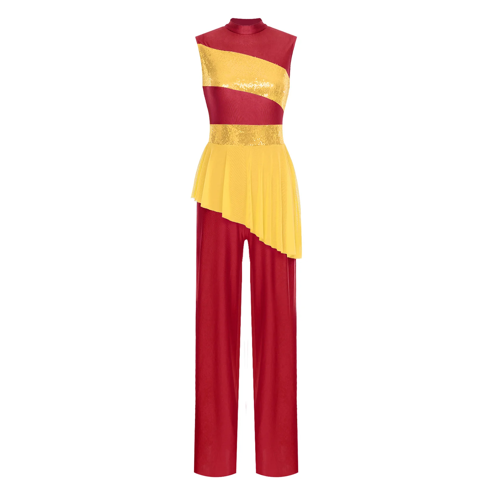 

Glamorous Trumpet Hem Lyric Dance Jumpsuit Dress for Womens Sequin Top Mesh Waist Detail for Competitions Stage Performances