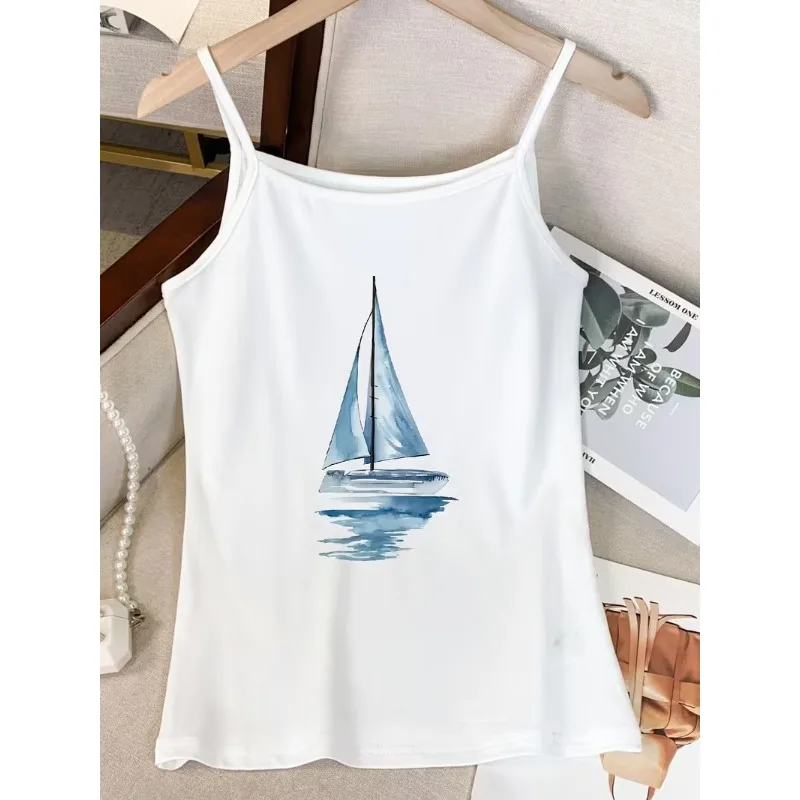 Sequin Cherry Ice Cream Print Women Spaghetti Strap Top White Sleeveless Cute Summer Daily Party Street Sweet Casual Tees