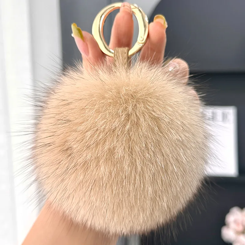 Keychain With Pompoms 15cm Fluffy Real Fox Fur Ball 13cm Fox Pom Backpack Handbag Car Leather Strap Keychain Key Chain