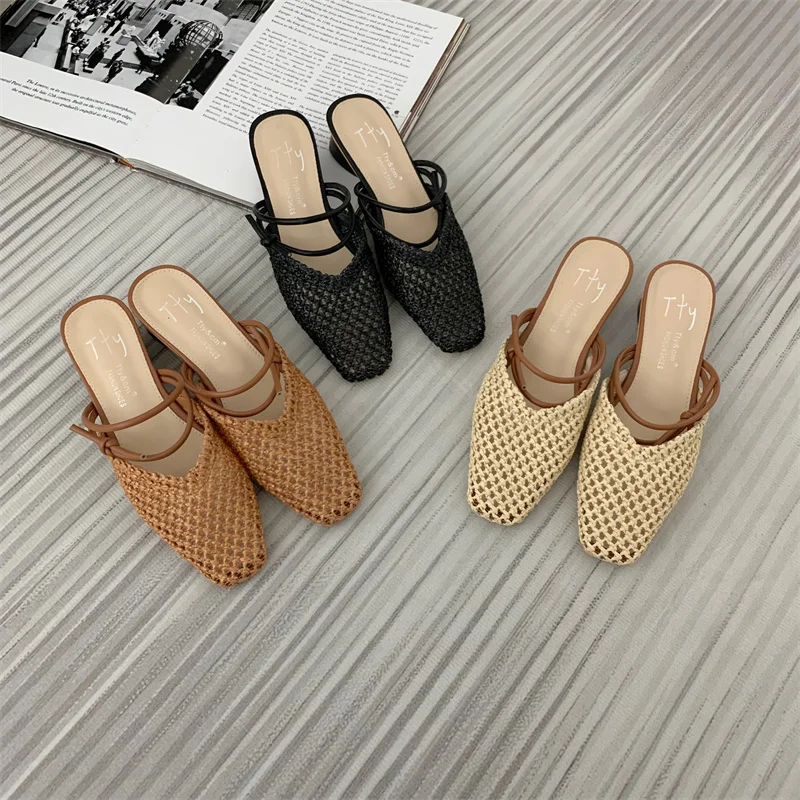 Bailamos Summer New Women Slippers Shallow Slip On Women Mules Shoes Square Low Heel Ladies SandalS Casual Outdoor Slides