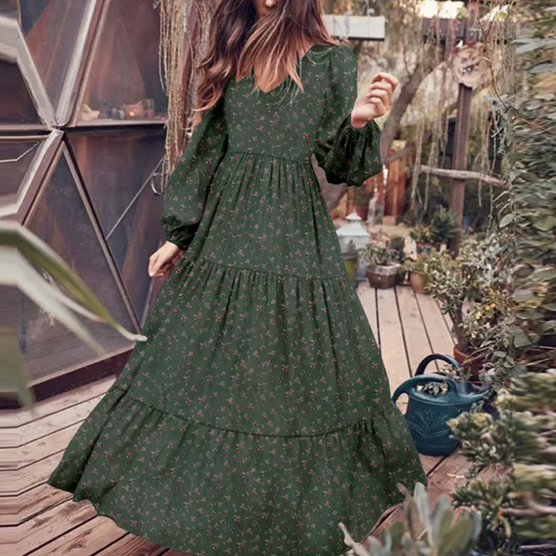 Blumen Chiffon Mode hochwertige Maxi kleid Boho Frauen V-Ausschnitt Retro Urlaub Freizeit lang ärmel ige Strand Temperament Dame Robe