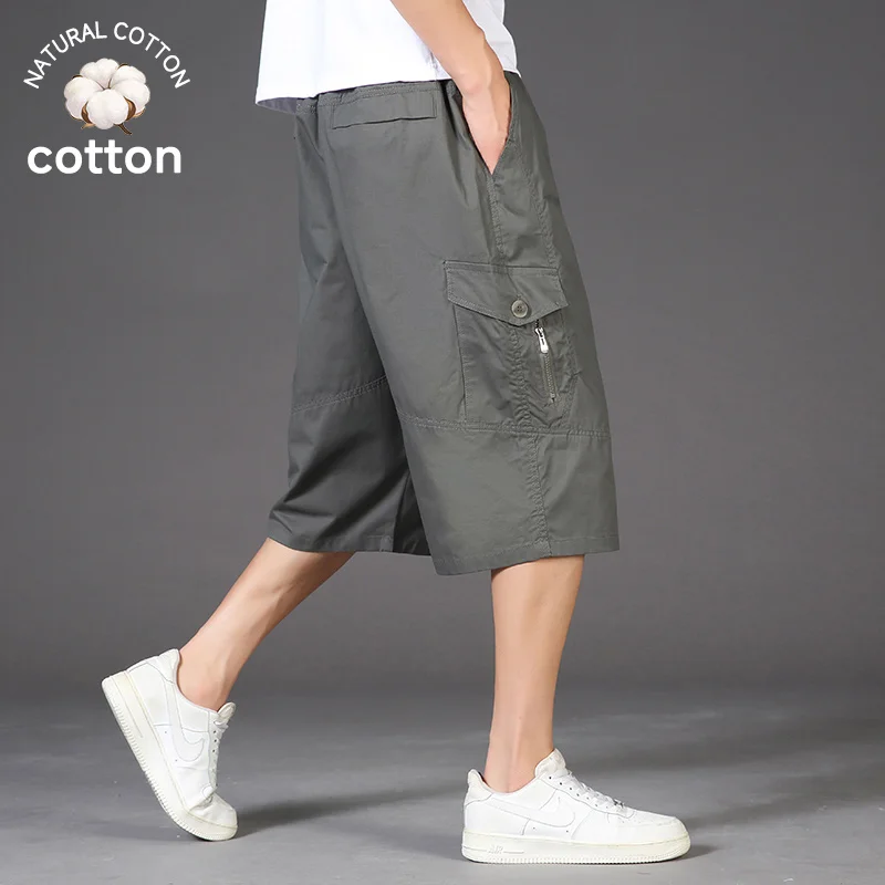 2026 New Summer Cotton Cargo 3/4 Shorts Men Baggy Casual Pants Joggers Multi-pocket Board Bermuda Work Shorts Plus Size L-6XL