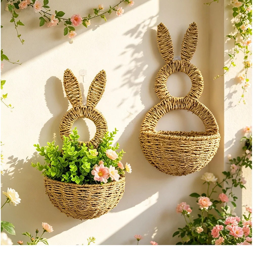 Rabbit Silhouette Wall Mounted Flower Pot Basket for Indoor Outdoor Use Bohemian Rustic Decor with Natural Texture