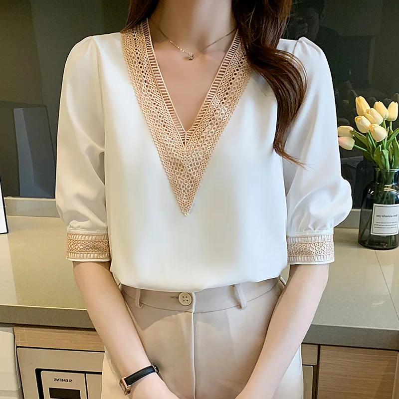 Summer Chiffon Blouse Women Fashion V Neck Hollow Out Splicing Top 2023 Middle Sleeve White Shirts Female Blusas Mujer New 13367