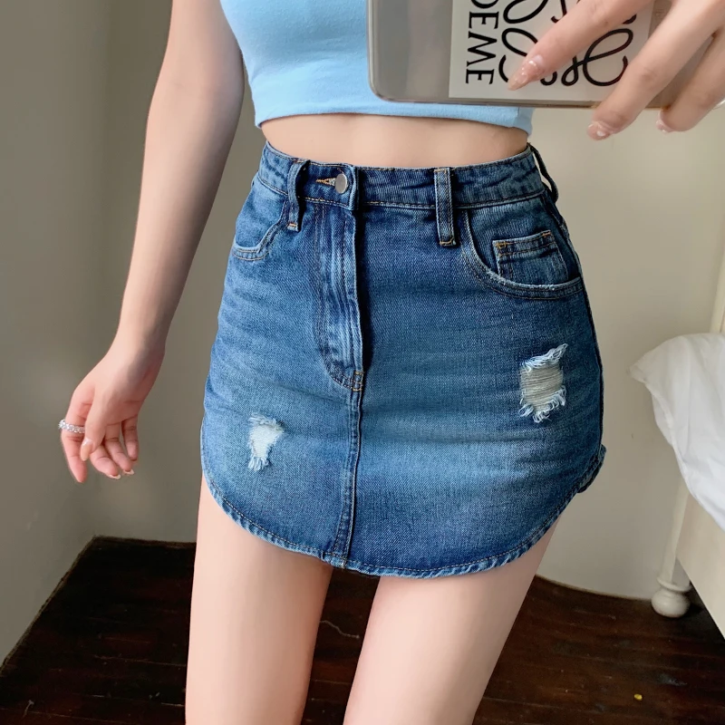 Summer Women Casual U Shaped Hem Jean Skirts Female Sexy Mini High Street Slim Thin Ripped Hole Denim Skirt Fashion Streetwear