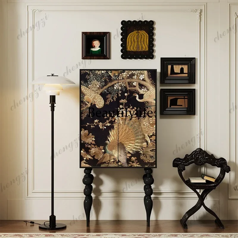 K153 French Chinese style solid wood tall cabinet entrance dining side cabinet living room multi-functional storage to decorativ