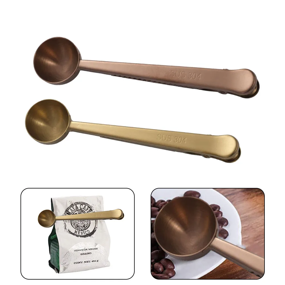 2 In 1 Multifunction Kitchen Supplies Coffee Scoop With Clip Stainless Steel Tea Measuring Cup Scoop Spoons Rose Gold