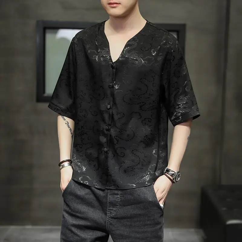 2024 New Summer Chinese Style Dark Flower Ultra-thin Ice Silk Short Sleeved Shirt China-Chic Oversize Loose Casual Men's T-shirt