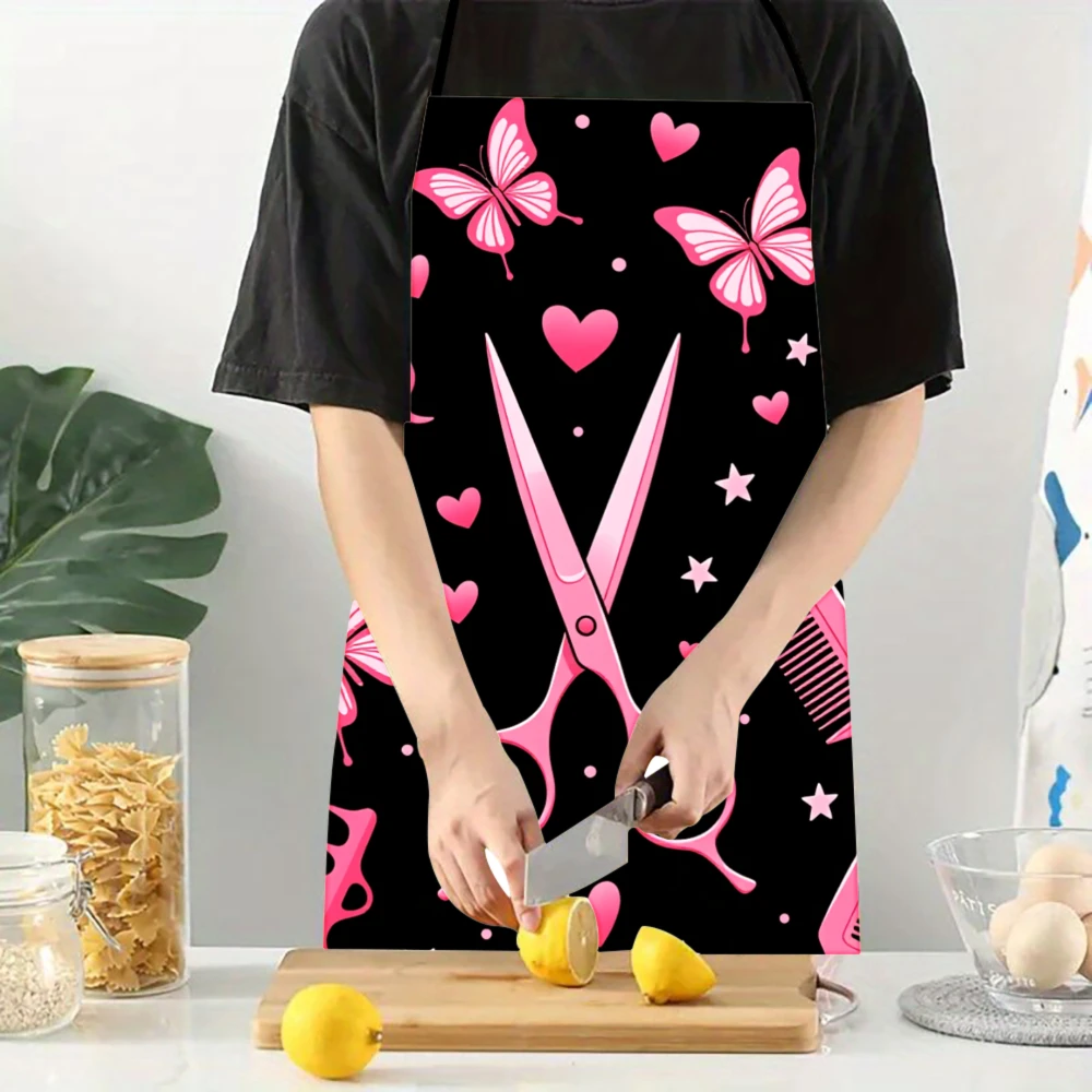 Pink Scissors Combs Butterflies Hearts Print Apron, Practical, Versatile for Multiple Scenarios Apron