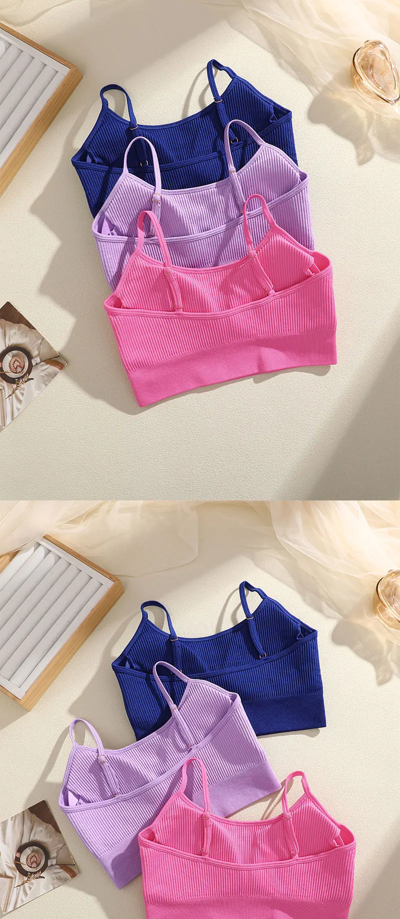 Dünner Träger, geripptes Crop-Top, nahtlos gepolstertes Bralette, weich, hochelastisch, ärmellos, Sport-BH, lässiges Alltags-Yoga-Fitness-Tanktop – Detail 7