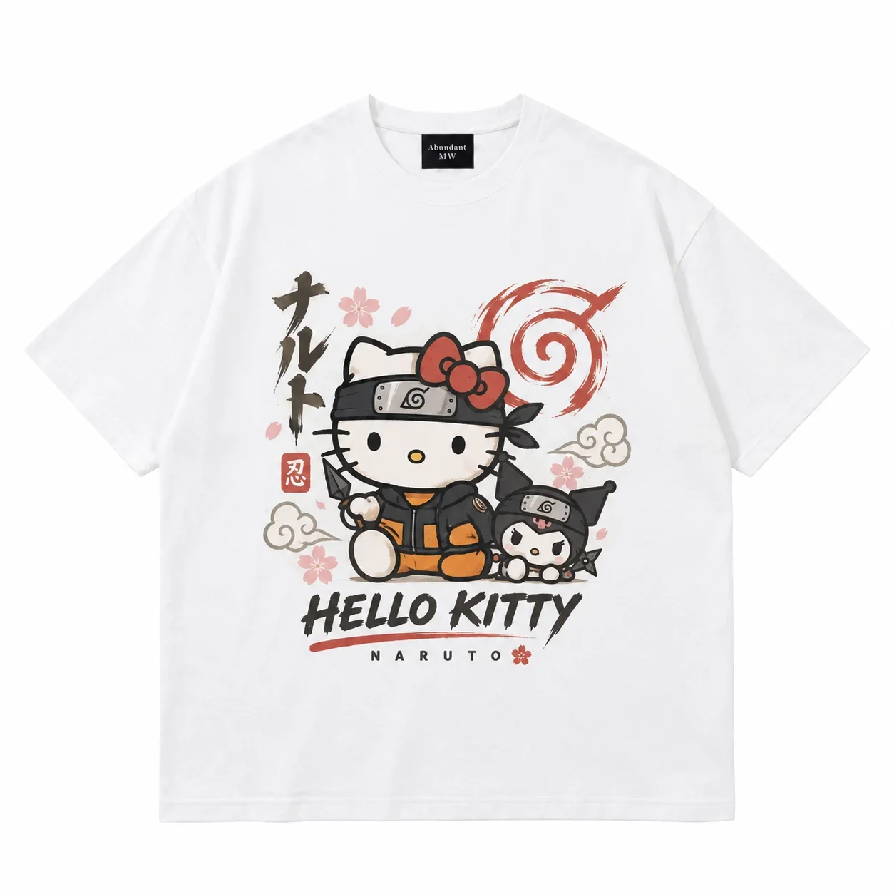 White Tee Men's Women's Sanrio Hello Kitty Ninja Parent Child Anime Cool Graphic Art Print Oversized Short Sleeve Streetwear Top