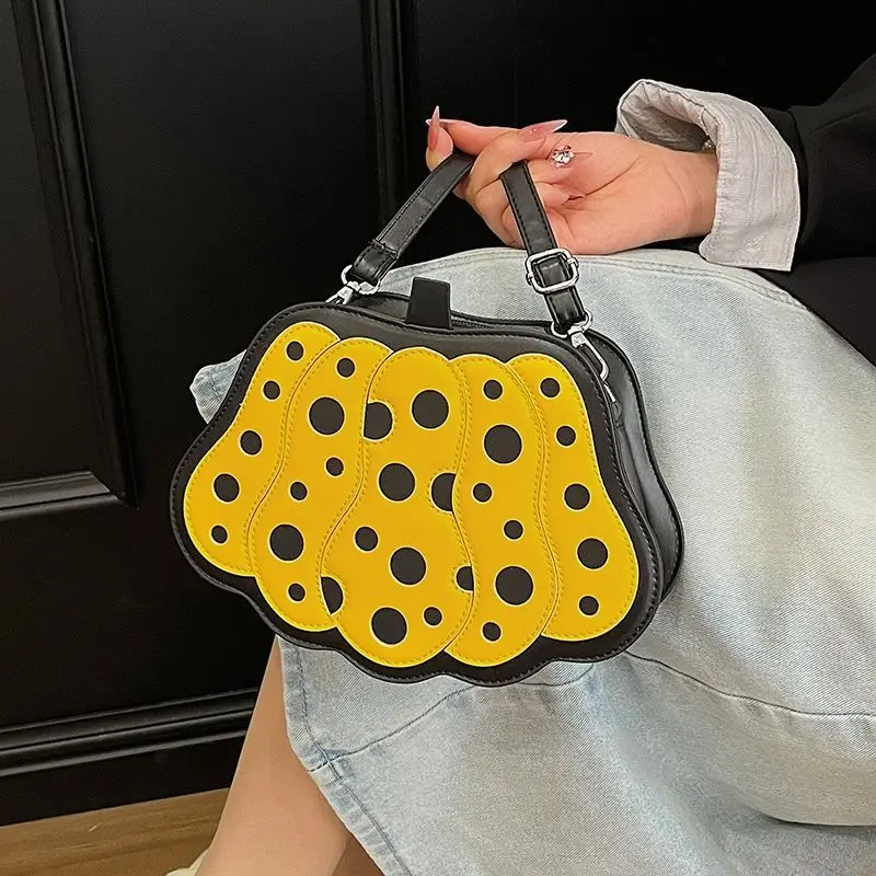 Yellow Orange Cute Pumpkin Halloween Crossbody PU Leather Small Shoulder Bag Orange Black Novelty Creative Handbag polka dots
