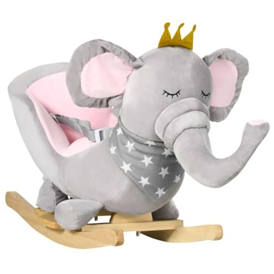 

Baby Rocking Horse Elephant Rocking Chair Toddler Rocker Toy with Sound Wooden Base Seat Safety Belt for 1.5-3 Year Old Gr