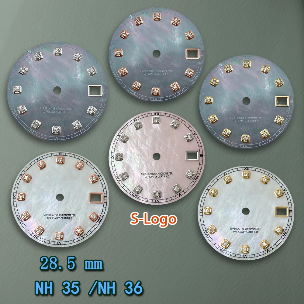 S شعار 28.5 مللي متر NH35 الطلب الماس الأم اللؤلؤ الهاتفي صالح NH36 حركة لا مضيئة ساعة تعديل اكسسوارات أدوات إصلاح