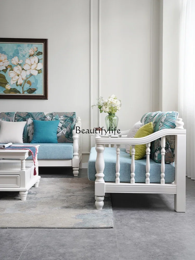 

01American solid wood living room furniture American rural pastoral small apartment fabric straight row sofa