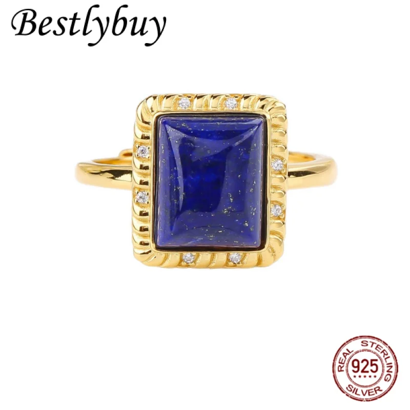 

S925NEW Silver Gold-plated Inlaid Square Lapis Lazuli Square Ring Women's European And American Fashion Retro High-end ring