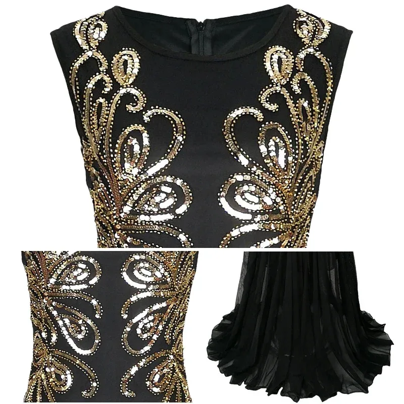 

S-XL 1920-е годы Женское винтажное платье «Великий Гэтсби» 20-х годов Вечернее платье-хлопушка Сексуальное длинное сетчатое платье без рукавов с круглым вырезом и блестками из бисера AKL6TF