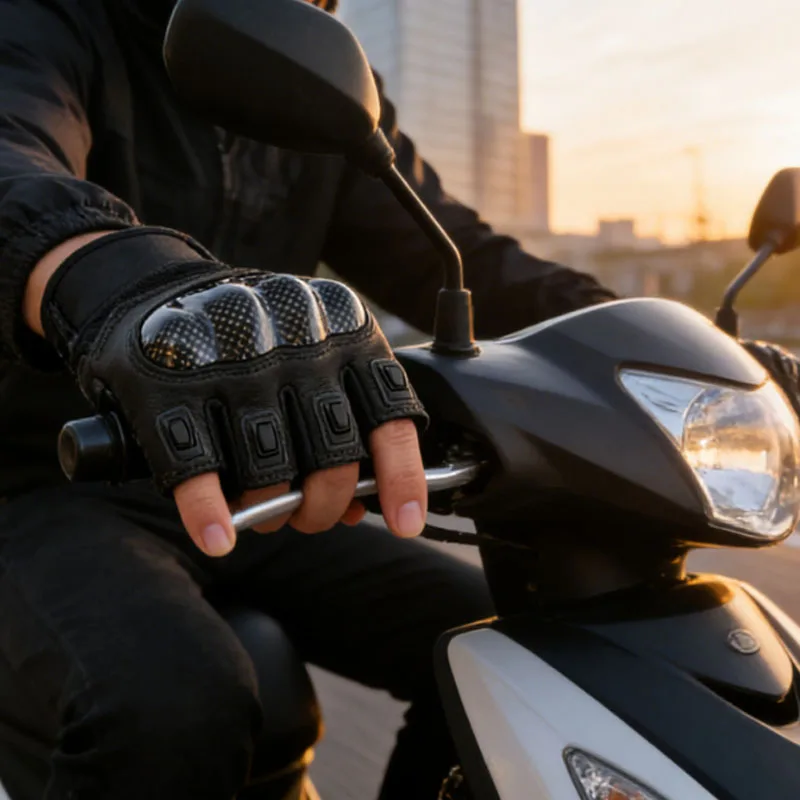 Carbon Fiber Shell Protective Motorcycle Gloves Men Women Retro Half Finger Anti-slip Breathable Cycling Motorbike Accessories
