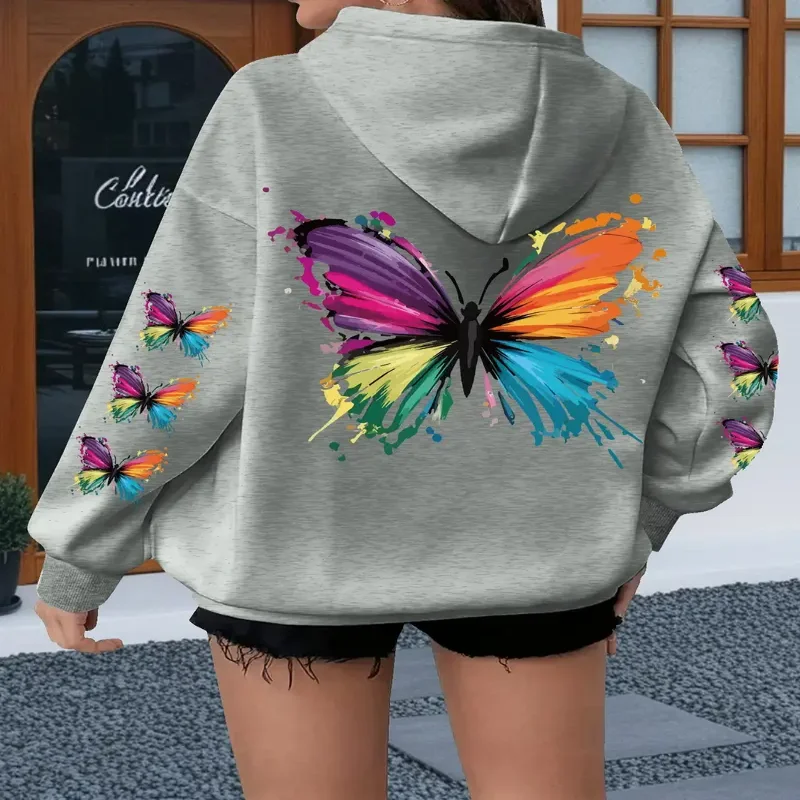 Oversized Casual Pullover With Kangaroo Pocket And Drawstring Hood Vibrant Plus Size Rainbow Butterfly Print Graphic Hoodie