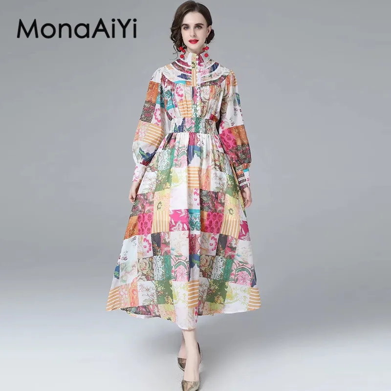 

MonaAiYi Women's Elegant Indie Folk Style Dress Autumn Turtleneck Lantern Sleeved Print Elastic Waist A-Line Party Evening Dress