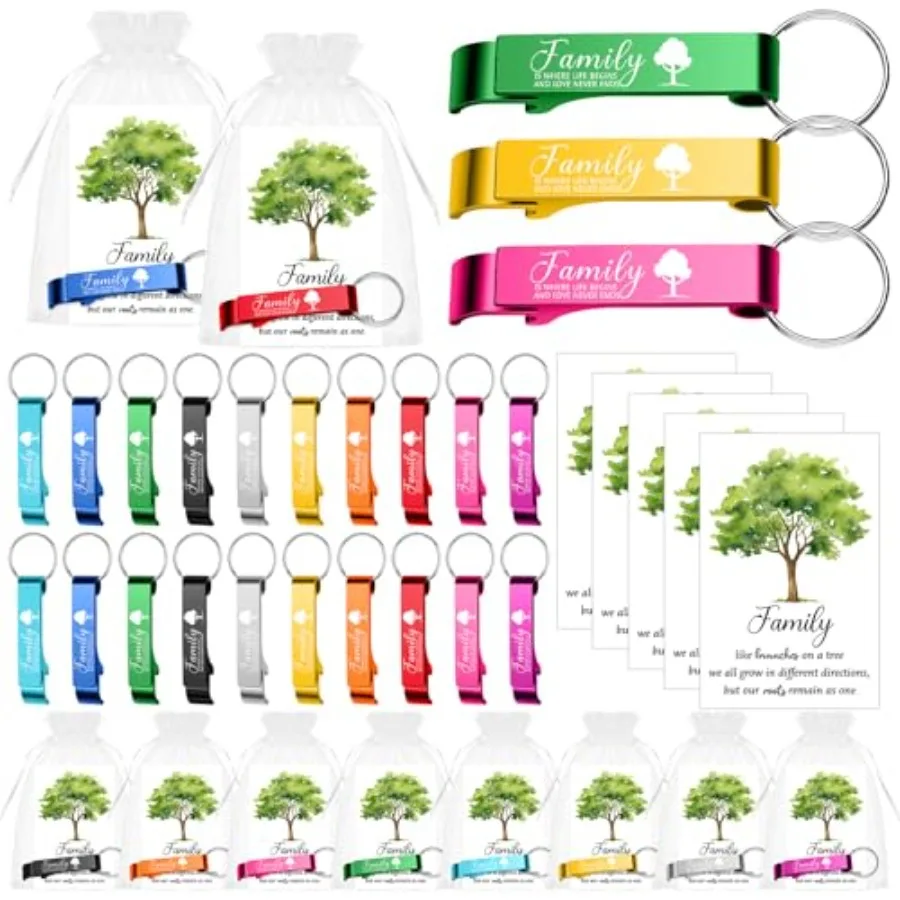

50 Sets Family Reon Favors Tree Shape Bottle Opener Keychain Family Tree Bottle Opener Party Favor with Family Cards Organza Ba