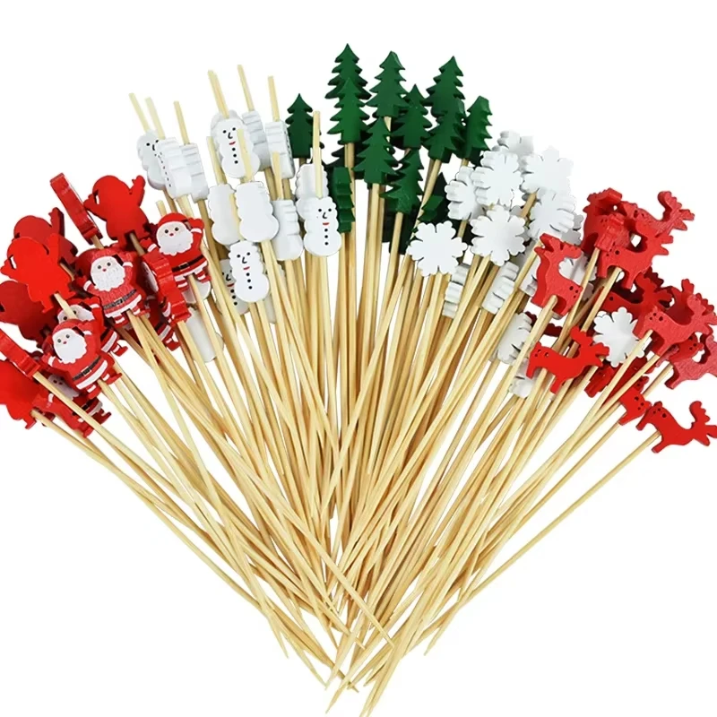 50/100Pcs Christmas Bamboo Skewer Cocktail Picks Cupcake Topper Disposable Food Dessert Toothpicks Fruit Sticks Party Supplies