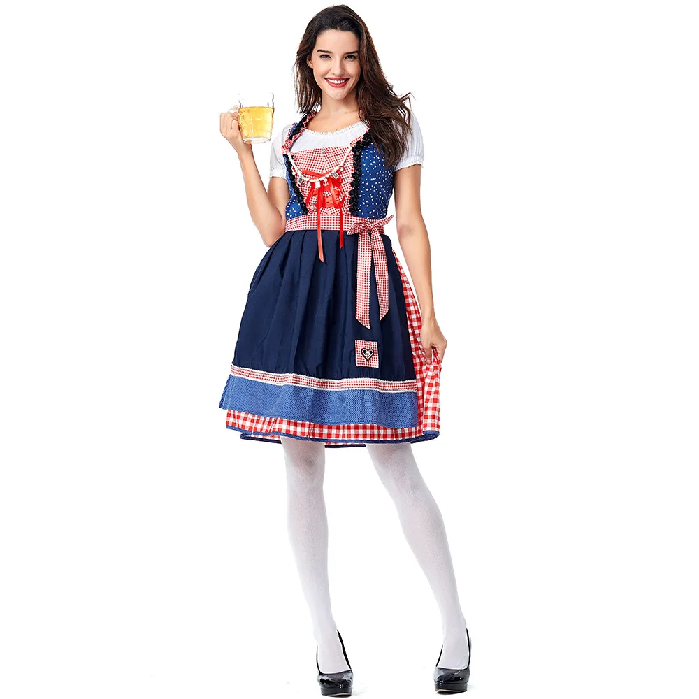 Classic Bavarian Checkered Dress Women Red Blue Dress Oktoberfest Dirndl Beer Festival Girls Traditional Carnival Party Costume