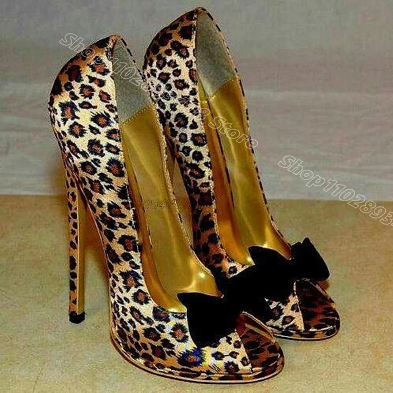 

Leopard Print Bowknot Decor Pumps Peep Toe Slip on Stiletto Heels British Style Casual Dance Women Shoes Zapatos Para Mujere