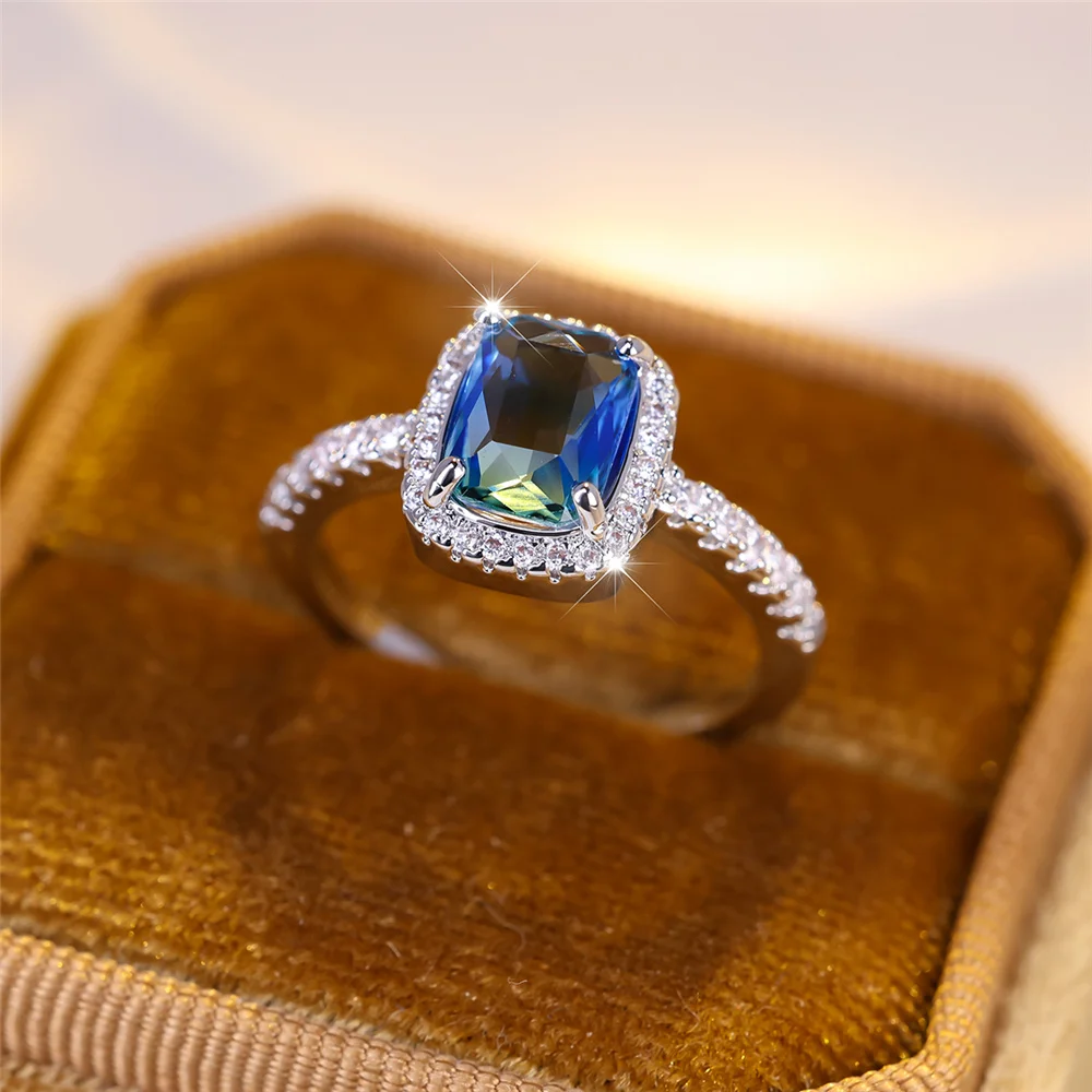 خاتم خطوبة من حجر الزركون بلون فضي عتيق للنساء ، كريستال نسائي ، أحمر ، أزرق ، أخضر ، قوس قزح ، فاخر ، مجوهرات زفاف