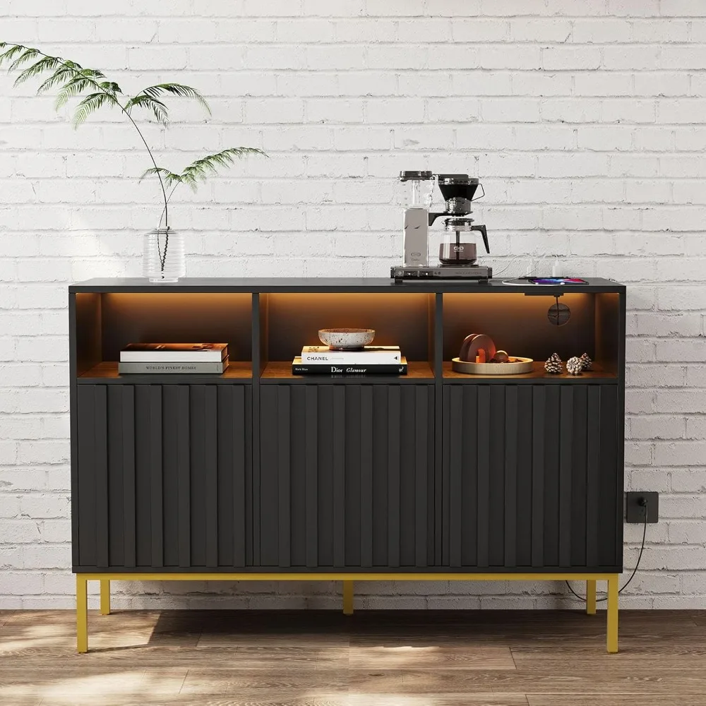 

Fluted Storage Cabinet Buffet Cabinet with Storage, Accent Credenza Sideboard Cabinet Coffee Bar with LED Light, Charging Statio