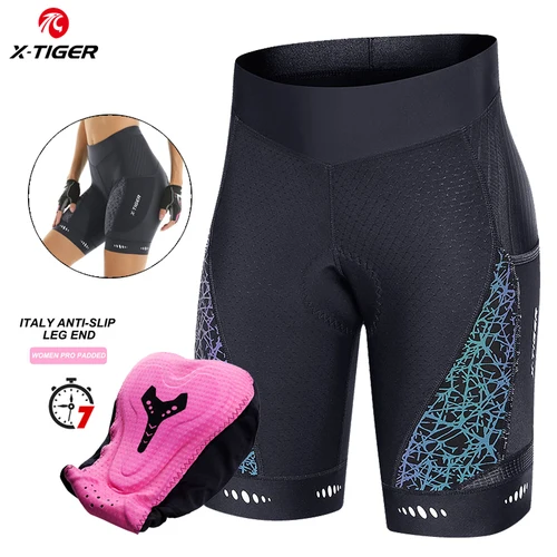 Pantalones cortos de ciclismo X-TIGER, pantalones cortos de bicicleta para mujer, pantalones cortos acolchados de esponja competitivos para bicicleta de montaña de 7h con bolsillos laterales, medias con pechera de verano
