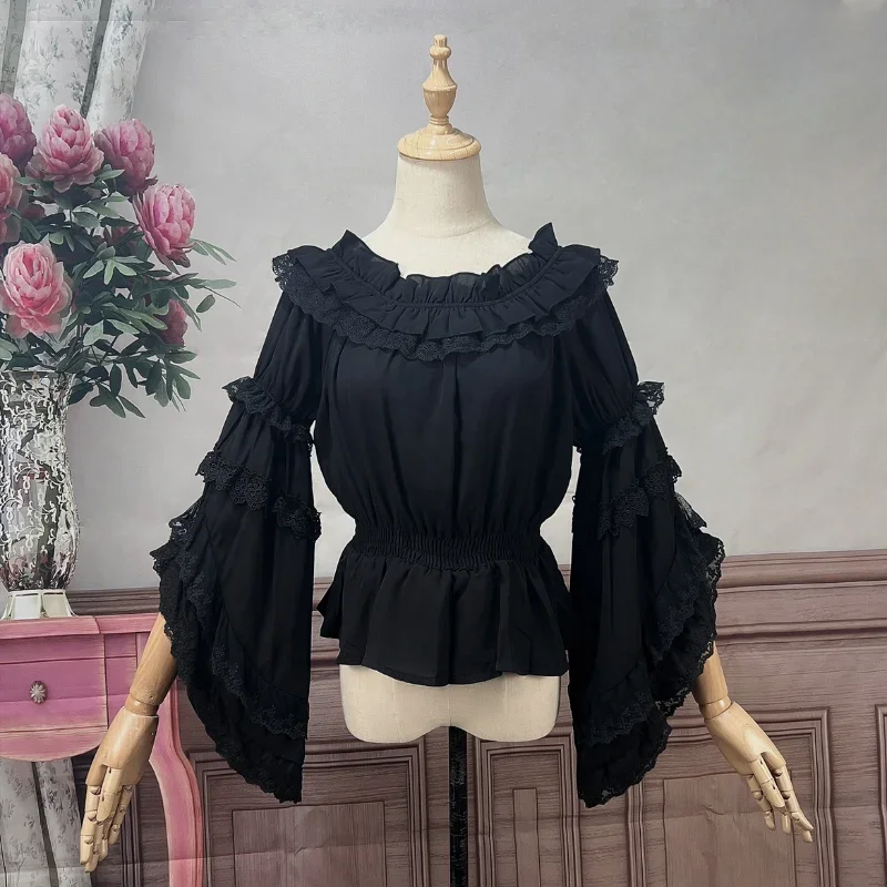 Vintage Kawaii Lolita Shirts Women Lace Ruffles O-Neck Flare Sleeve Chiffon Sweet Top Elegant Princess Blouse Tops Mujer