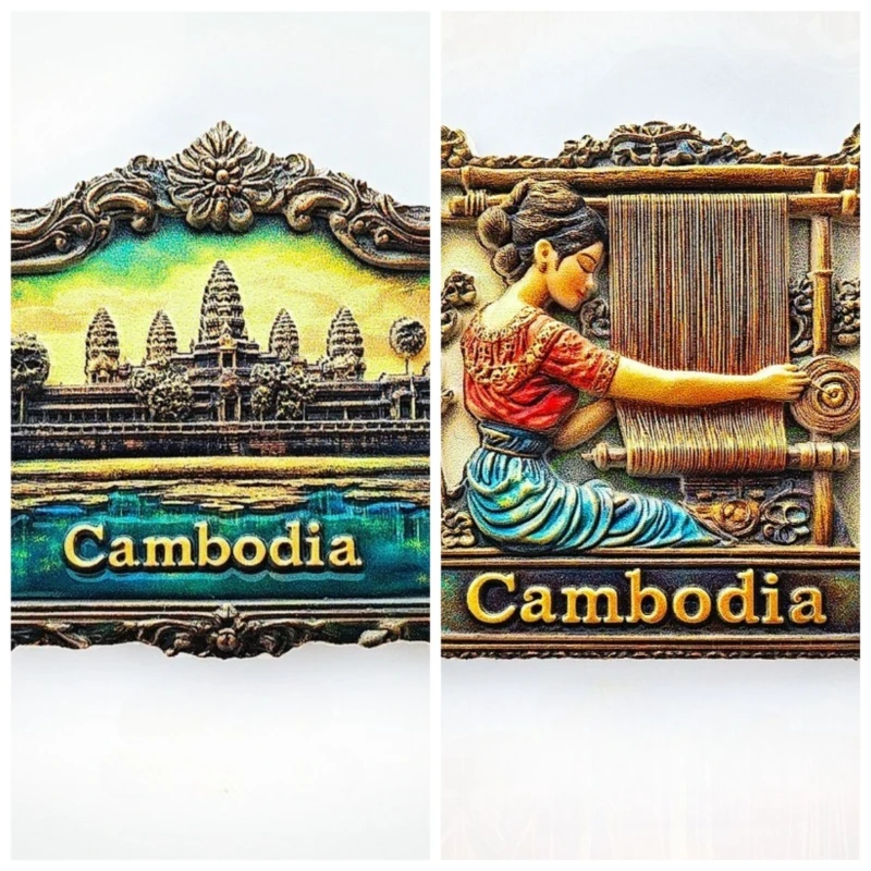 Cambodia Angkor Wat & Silk Workshop Fridge Magnet - 3D Khmer Souvenir Temple & Loom Decor Unique Asia Gift