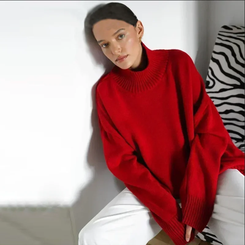 C.New S 2024 Warm Sweater for Women Women's Turtleneck Sweater Winter Vintage Knitted Red Women Soft  Sweater Pullover