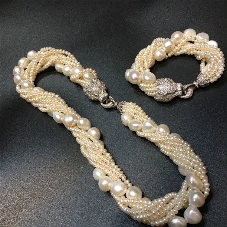 Leopard head clasp accessory white freshwater pearl necklace bracelet set fashion jewelry